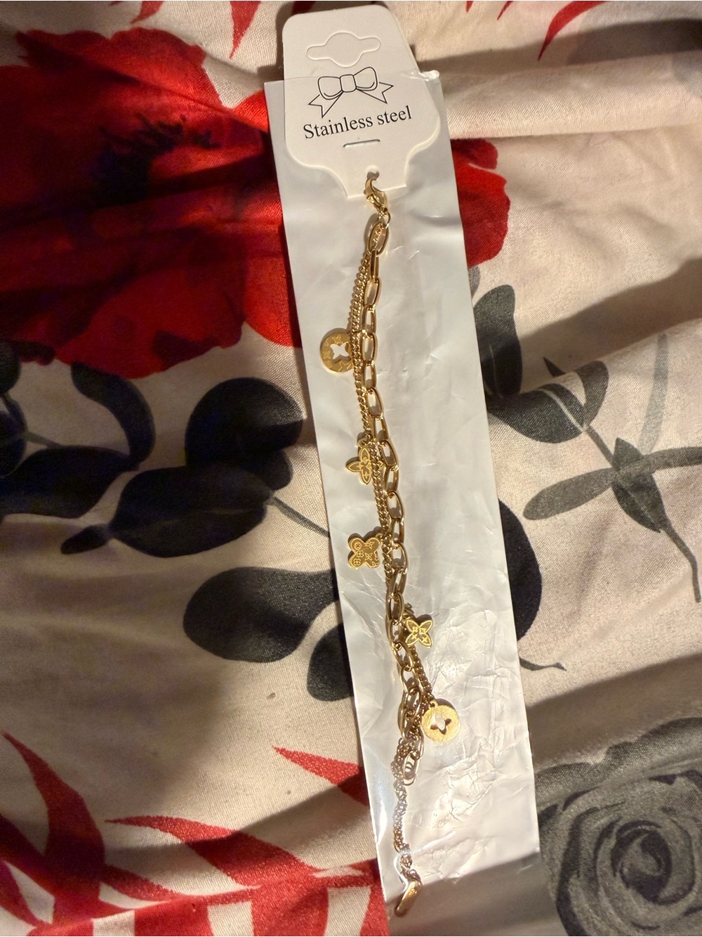 Gold Stainless Steel Charm Bracelet for Women - Gold Floral Charms